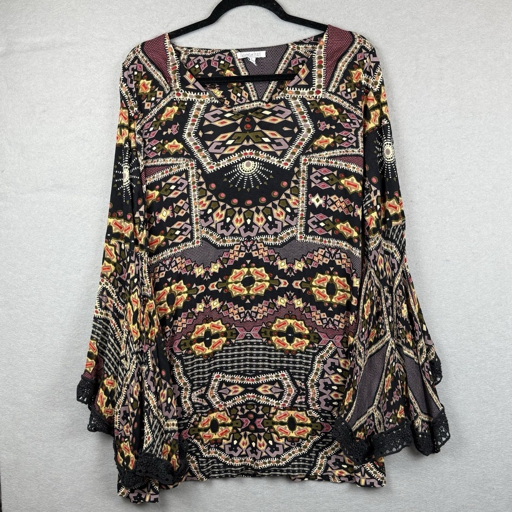 Patrons of Peace Boho Witchy Hippie Bell Flared Sleeve Mini Dress Geometric Sz L
